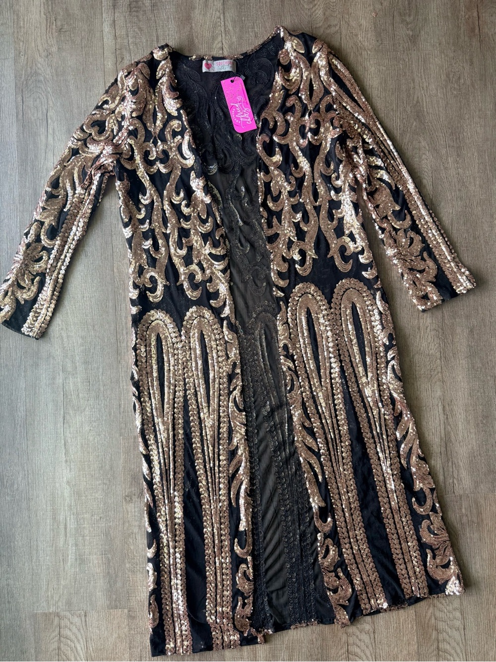 Southern Fried Chics Black & Rose Gold Sequin Open Front Duster